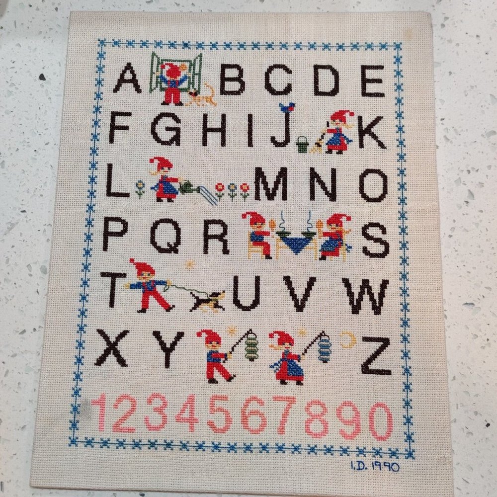 Vintage Needlepoint Cross Stitch Sampler 1990 Signed Elf Theme Complete 13x10"